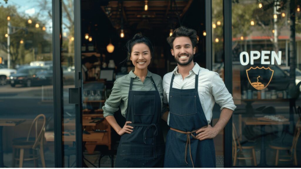 coffee shop owners standing in front of their coffee shop