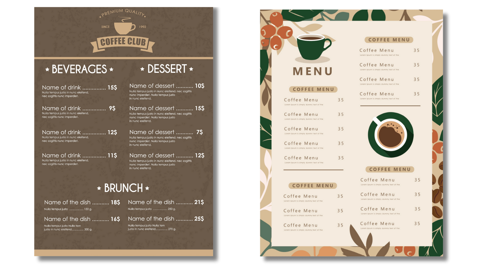 Coffee menu design templates